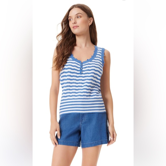 Sam Edelman Tops - Sam Edelman Mariyah Scallop Tank Top Blue White Striped Ribbed Hem XL NEW